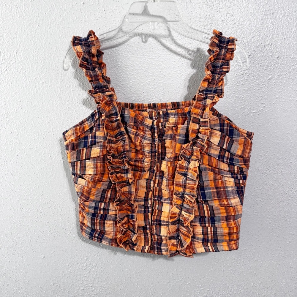 Anthropologie verb Orange and Blue Ruffled Smocked Tank Top Small hook & Eye